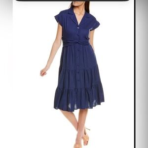 Maison Tara Tiered Dress Women Size 12 Blue Linen Blend Button Down With Belt